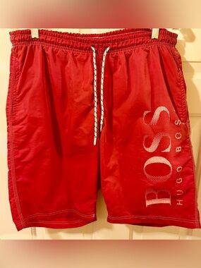 BOSS Hugo Boss Swim Trunks Shorts Mens L Large Red Mesh Lined Elastic Waist Logo